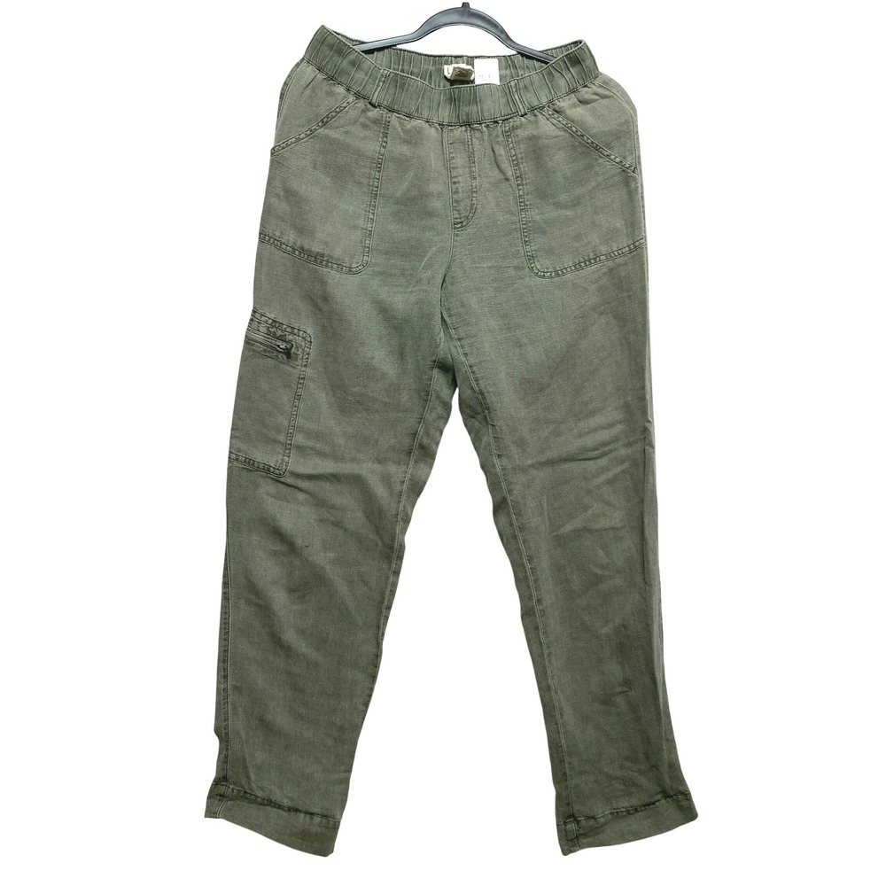 Nicole Miller New York Cargo Pants Sage Green Small Elastic Waist Linen Blend